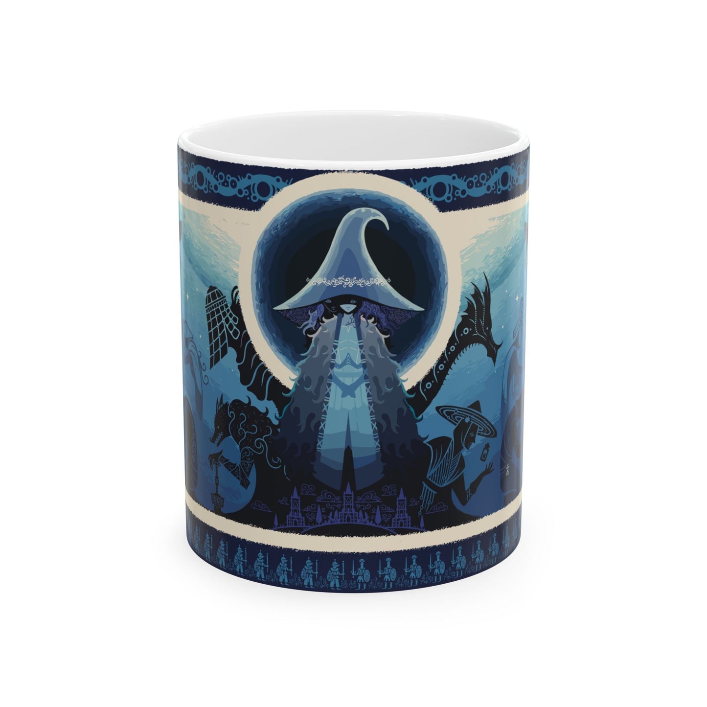 Image number 3 of a 11oz Mug featuring Ranni the Witch from Elden Ring, with a mystical design that highlights her enigmatic and powerful presence. The artwork showcases her striking blue hair, moonlit eyes, and the ethereal aura of the Night of the Black Moon, symbolizing her role in the shaping of destiny. Ideal for fans who admire Ranni’s cunning, her pursuit of freedom, and her pivotal role in the fate of the Lands Between.