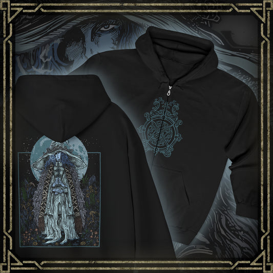Thumbnail of a Zip-up Hooded Sweatshirt featuring Ranni the Witch from Elden Ring, the mysterious Lunar Princess who defied the Greater Will and cast aside her mortal flesh. With her ghostly blue form and cold wisdom, Ranni guides the Tarnished toward the Age of Stars. This design captures her ethereal presence beneath a starlit sky, symbolizing fate, rebellion, and the beauty of the cosmos.