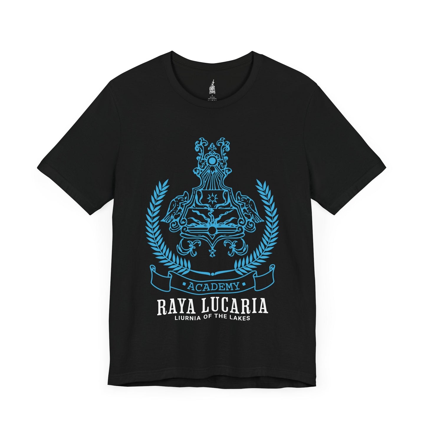 Image number 3 of a Black T-shirt featuring the sigil of Raya Lucaria Academy from Elden Ring, symbolizing the prestigious institution of sorcery in the Lands Between, ideal for fans drawn to the mysteries and magical lore of the academy.