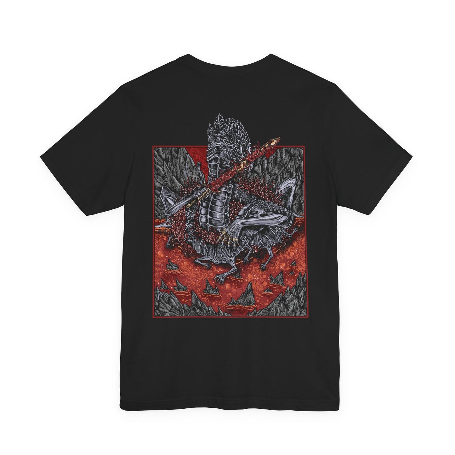 Image 4 of a T-shirt featuring Rykard, Lord of Blasphemy from Elden Ring, the grotesque demigod who fused with the God-Devouring Serpent to defy the Erdtree. Once a noble Shardbearer, Rykard chose immortality through blasphemy, becoming a writhing mass of flame, serpents, and rebellion. This design captures his monstrous form and volcanic domain.