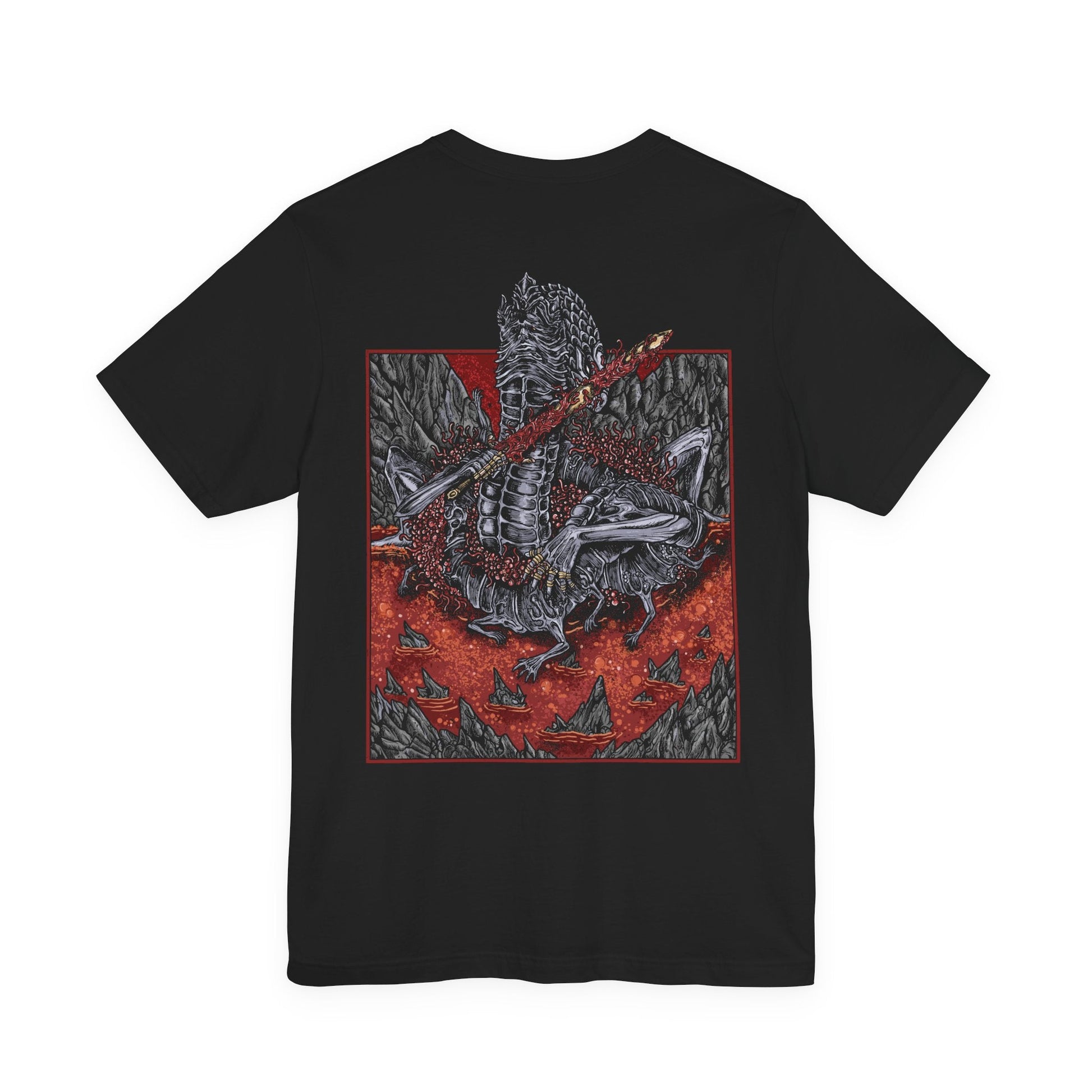 Image 4 of a T-shirt featuring Rykard, Lord of Blasphemy from Elden Ring, the grotesque demigod who fused with the God-Devouring Serpent to defy the Erdtree. Once a noble Shardbearer, Rykard chose immortality through blasphemy, becoming a writhing mass of flame, serpents, and rebellion. This design captures his monstrous form and volcanic domain.