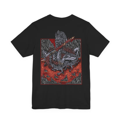 Image 4 of a T-shirt featuring Rykard, Lord of Blasphemy from Elden Ring, the grotesque demigod who fused with the God-Devouring Serpent to defy the Erdtree. Once a noble Shardbearer, Rykard chose immortality through blasphemy, becoming a writhing mass of flame, serpents, and rebellion. This design captures his monstrous form and volcanic domain.