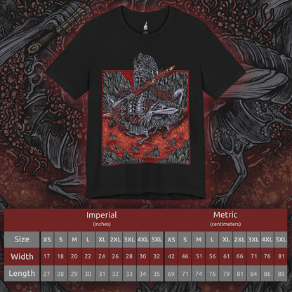 Size chart of a T-shirt featuring Rykard, Lord of Blasphemy from Elden Ring, the grotesque demigod who fused with the God-Devouring Serpent to defy the Erdtree. Once a noble Shardbearer, Rykard chose immortality through blasphemy, becoming a writhing mass of flame, serpents, and rebellion. This design captures his monstrous form and volcanic domain.