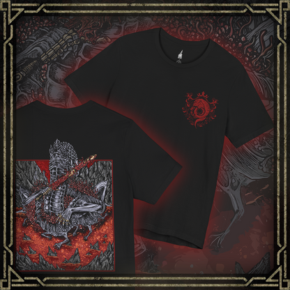 Thumbnail of a T-shirt featuring Rykard, Lord of Blasphemy from Elden Ring, the grotesque demigod who fused with the God-Devouring Serpent to defy the Erdtree. Once a noble Shardbearer, Rykard chose immortality through blasphemy, becoming a writhing mass of flame, serpents, and rebellion. This design captures his monstrous form and volcanic domain.