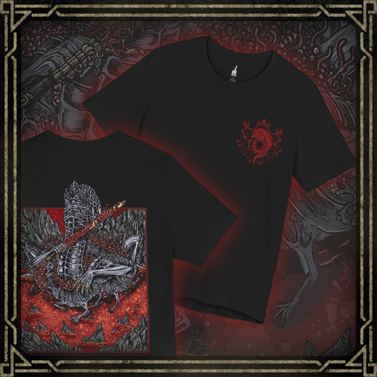Thumbnail of a T-shirt featuring Rykard, Lord of Blasphemy from Elden Ring, the grotesque demigod who fused with the God-Devouring Serpent to defy the Erdtree. Once a noble Shardbearer, Rykard chose immortality through blasphemy, becoming a writhing mass of flame, serpents, and rebellion. This design captures his monstrous form and volcanic domain.
