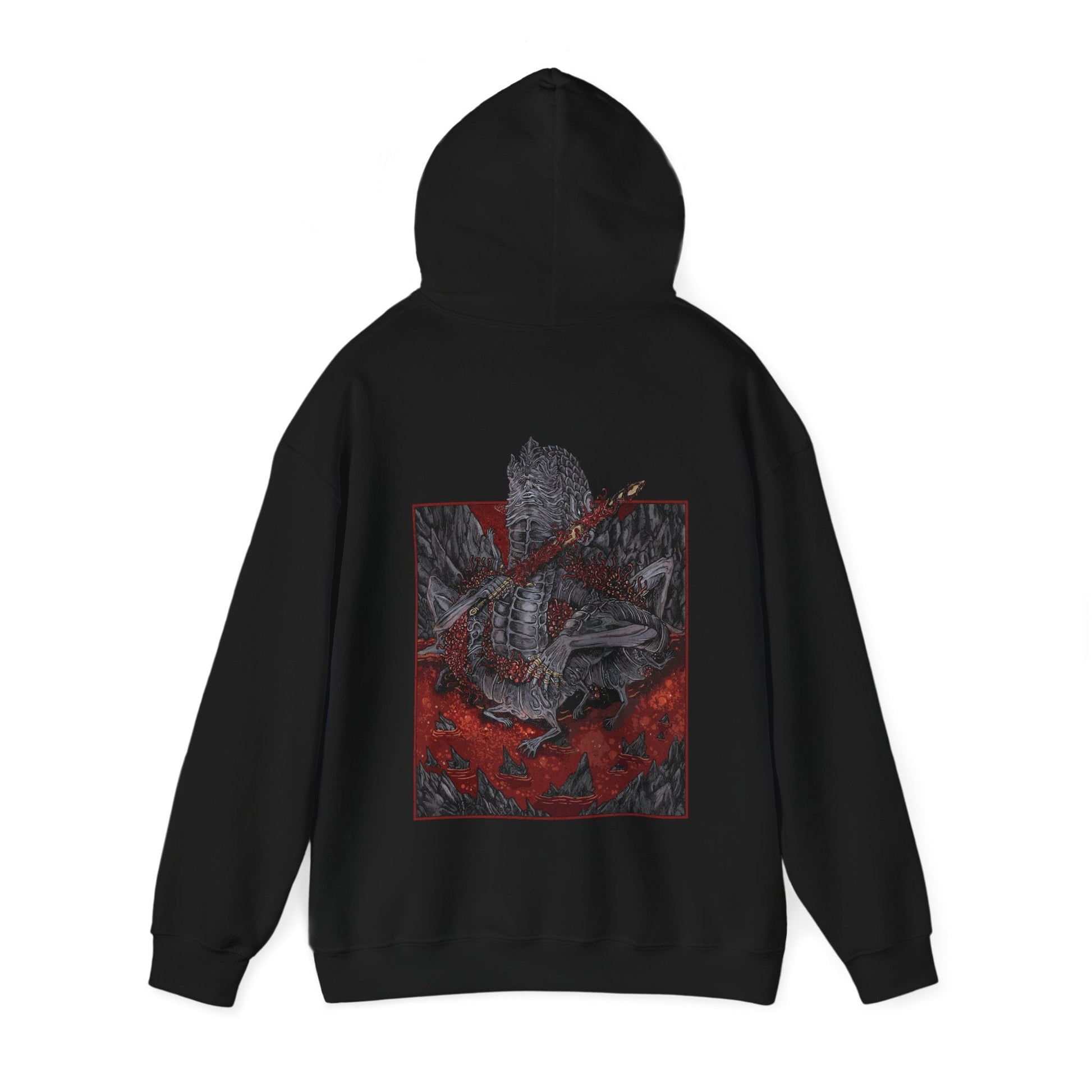 Image number 4 of a Hooded Sweatshirt featuring Rykard, Lord of Blasphemy from Elden Ring in a grim design, highlighting his terrifying appearance and connection to serpentine power, perfect for fans who admire his dark legacy and role as a fearsome boss in the Lands Between.