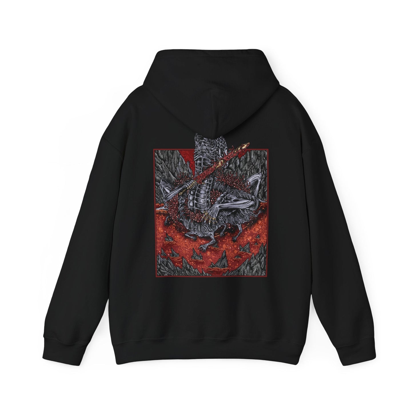 Image 5 of a Hooded Sweatshirt showcasing Rykard, Lord of Blasphemy from Elden Ring, the defiant ruler of Mt. Gelmir who chose chaos over grace. After merging with the God-Devouring Serpent, Rykard became an immortal abomination, vowing to devour the gods themselves. Wielding the great Serpent-Hunter weapon against his own followers, his tale is one of madness and ambition, perfectly represented in this fiery, hellish design.