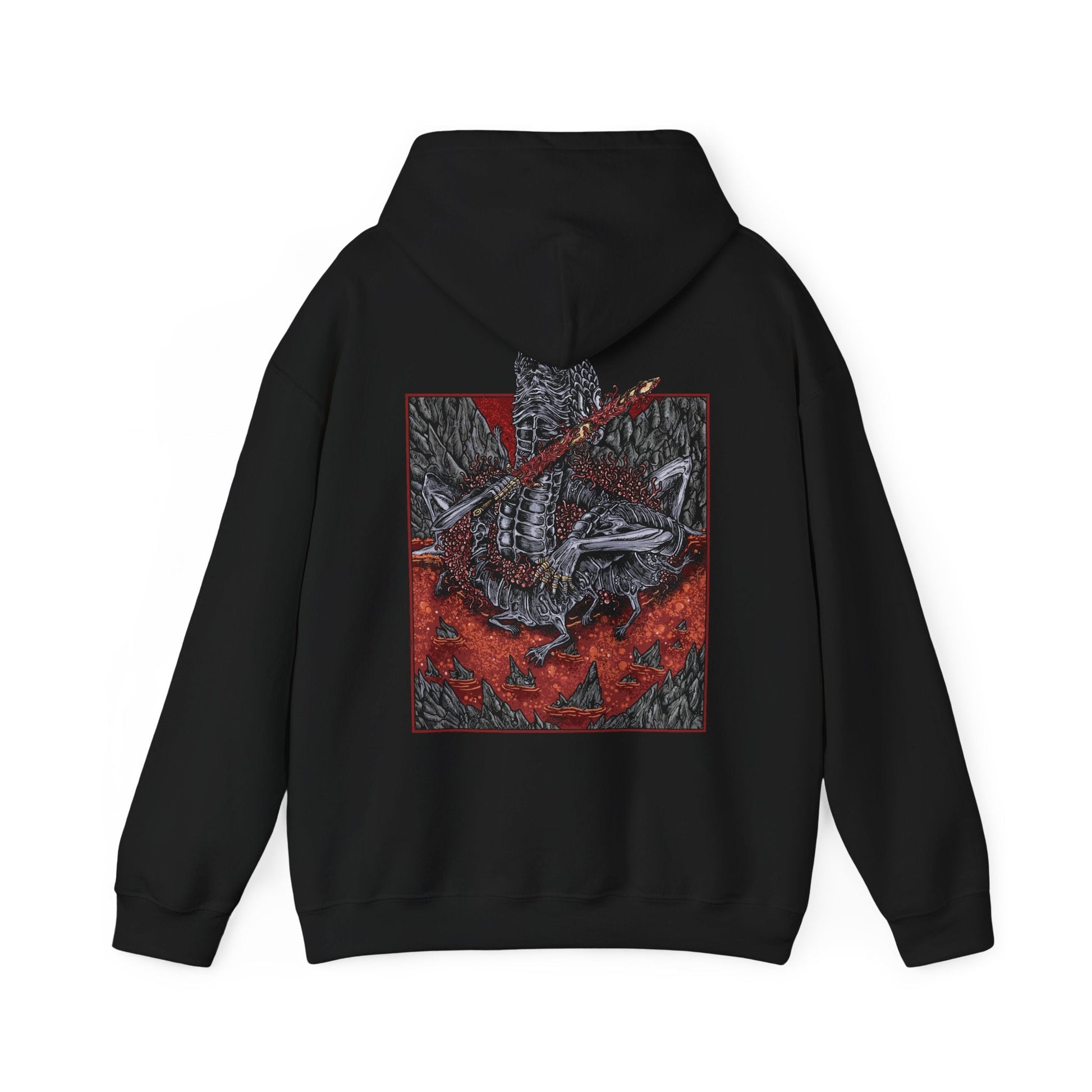 Image 5 of a Hooded Sweatshirt showcasing Rykard, Lord of Blasphemy from Elden Ring, the defiant ruler of Mt. Gelmir who chose chaos over grace. After merging with the God-Devouring Serpent, Rykard became an immortal abomination, vowing to devour the gods themselves. Wielding the great Serpent-Hunter weapon against his own followers, his tale is one of madness and ambition, perfectly represented in this fiery, hellish design.