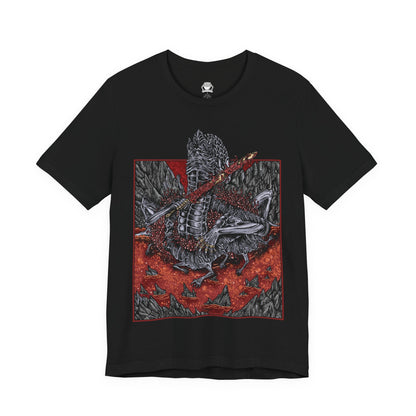 Image 4 of a T-shirt featuring Rykard, Lord of Blasphemy from Elden Ring, the demigod who fused with the God-Devouring Serpent in defiance of the Erdtree. Twisted in form and mind, Rykard sacrificed his humanity for power, becoming a grotesque fusion of flesh, flame, and fangs. This design captures his monstrous visage coiled in molten ruin, symbolizing his rebellion against the divine and his descent into unspeakable heresy.