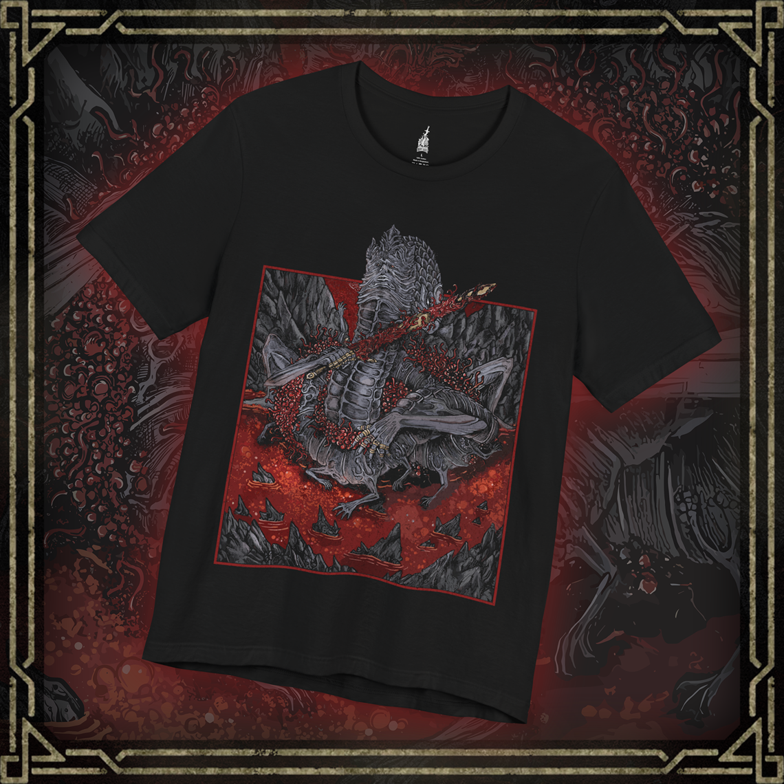 Thumbnail of a T-shirt featuring Rykard, Lord of Blasphemy from Elden Ring in a grim design, highlighting his terrifying appearance and connection to serpentine power, perfect for fans who admire his dark legacy and role as a fearsome boss in the Lands Between.