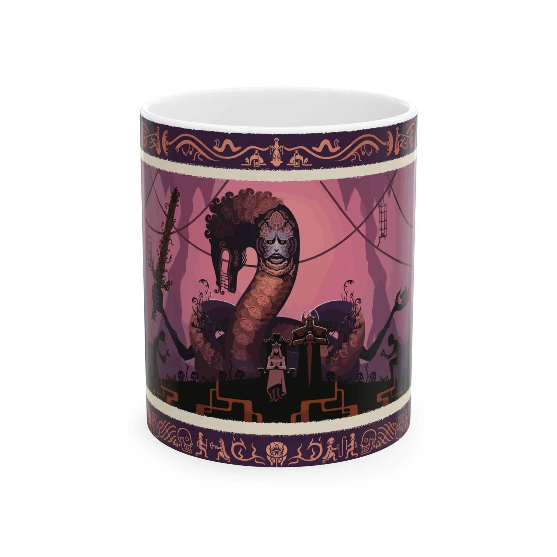 Image number 3 of a 11oz Mug featuring Rykard, Lord of Blasphemy from Elden Ring, with a dark and twisted design that reflects his fall from grace and his devotion to forbidden power. The artwork highlights his grotesque serpent form, his regal yet corrupted armor, and the eerie aura of the Blasphemous Serpent God, making it a perfect tribute for fans who are drawn to his dark, rebellious nature and tragic ambition in the Lands Between.