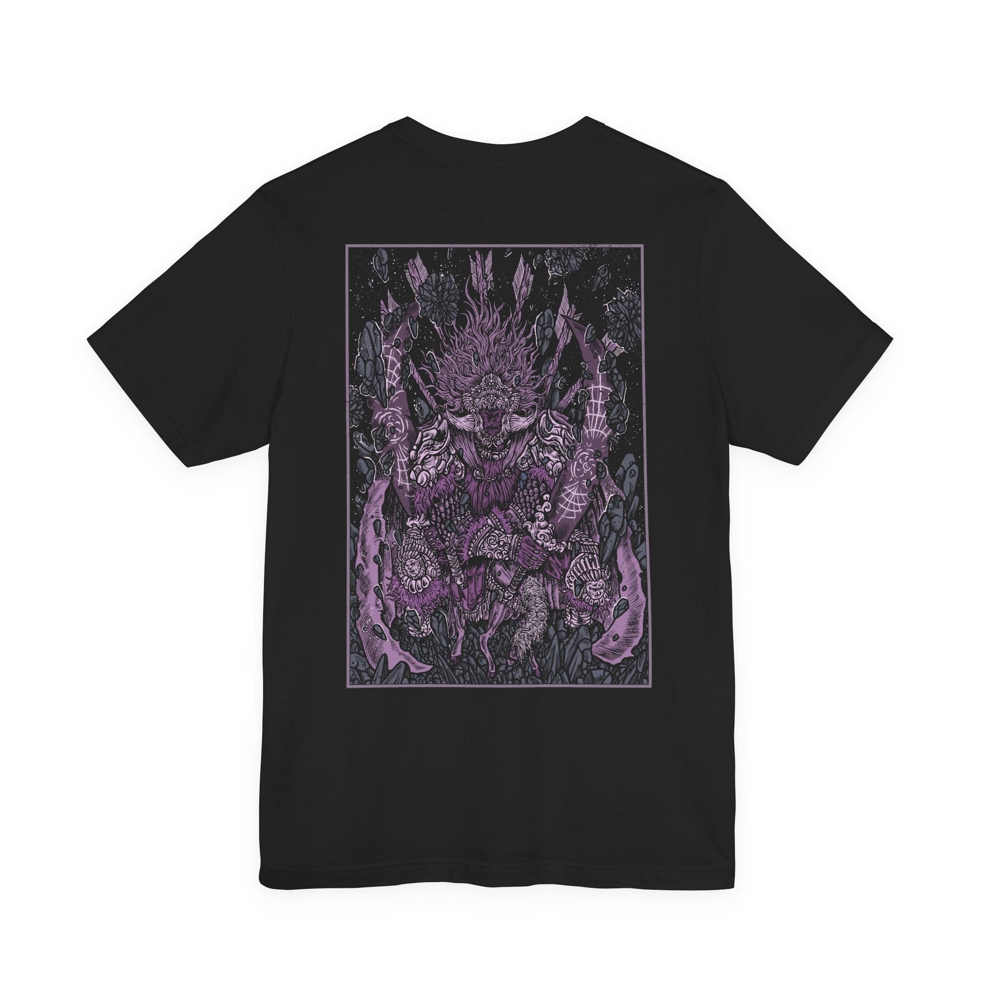 Image 4 of a T-shirt featuring Starscourge Radahn from Elden Ring, the towering demigod general who commands gravitational magic and rides his tiny steed, Leonard. Wielding twin greatswords and clad in scarred red armor, Radahn defies cosmic forces and madness alike. This design captures his legendary strength and tragic descent beneath the blood-red sky of Caelid.