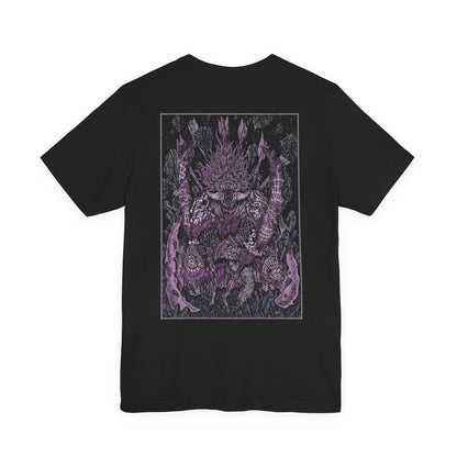 Image 4 of a T-shirt featuring Starscourge Radahn from Elden Ring, the towering demigod general who commands gravitational magic and rides his tiny steed, Leonard. Wielding twin greatswords and clad in scarred red armor, Radahn defies cosmic forces and madness alike. This design captures his legendary strength and tragic descent beneath the blood-red sky of Caelid.