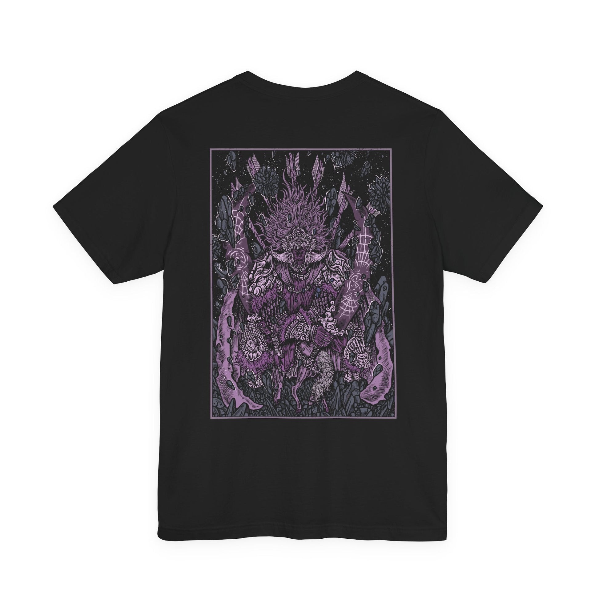 Image 5 of a T-shirt featuring Starscourge Radahn from Elden Ring, the towering demigod general who commands gravitational magic and rides his tiny steed, Leonard. Wielding twin greatswords and clad in scarred red armor, Radahn defies cosmic forces and madness alike. This design captures his legendary strength and tragic descent beneath the blood-red sky of Caelid.