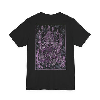 Image 5 of a T-shirt featuring Starscourge Radahn from Elden Ring, the towering demigod general who commands gravitational magic and rides his tiny steed, Leonard. Wielding twin greatswords and clad in scarred red armor, Radahn defies cosmic forces and madness alike. This design captures his legendary strength and tragic descent beneath the blood-red sky of Caelid.