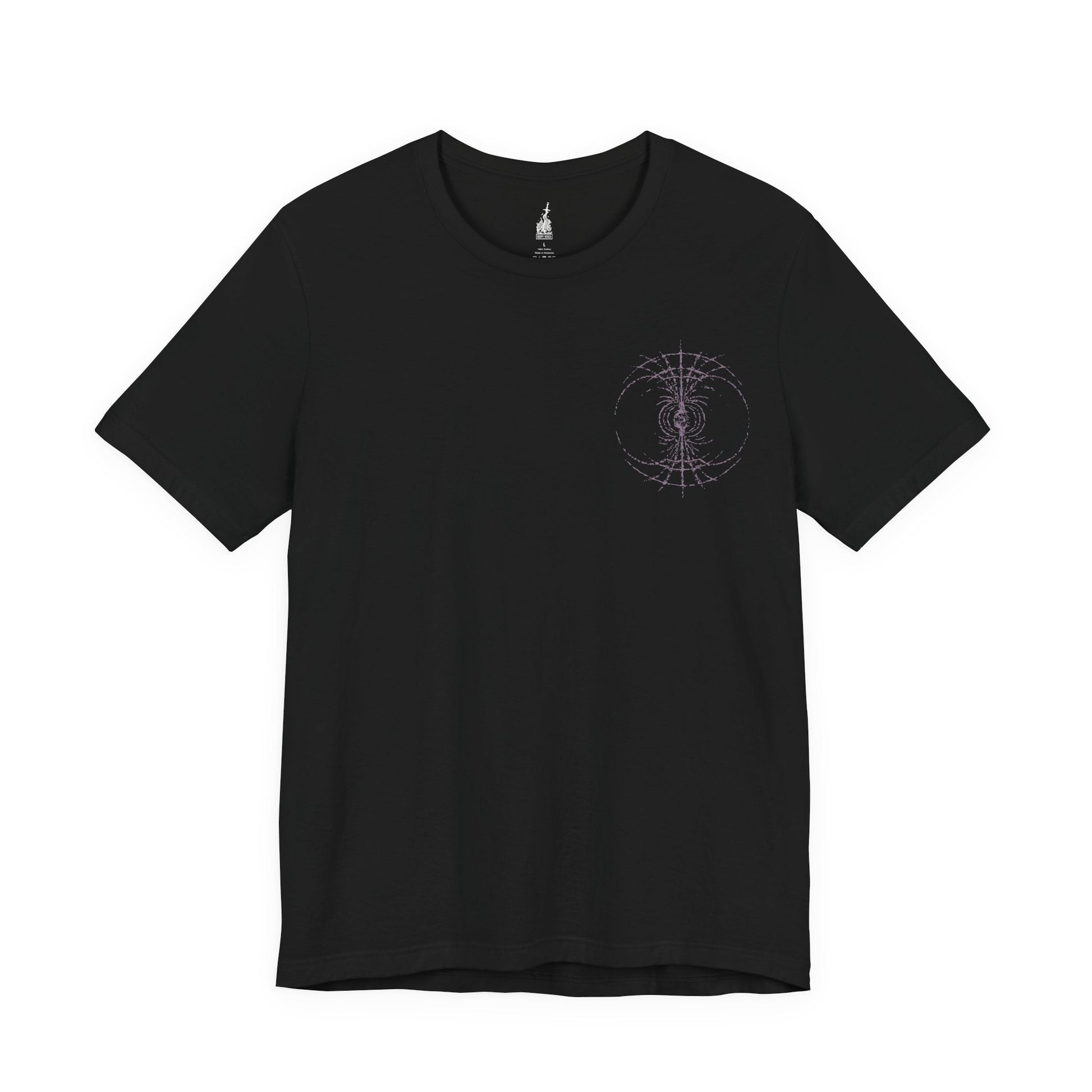 Image 3 of a Black T-shirt featuring Starscourge Radahn from Elden Ring, the towering demigod general who commands gravitational magic and rides his tiny steed, Leonard. Wielding twin greatswords and clad in scarred red armor, Radahn defies cosmic forces and madness alike. This design captures his legendary strength and tragic descent beneath the blood-red sky of Caelid.