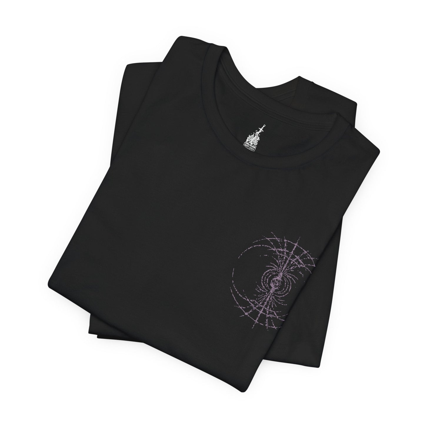 Folded T-shirt featuring Starscourge Radahn from Elden Ring, the towering demigod general who commands gravitational magic and rides his tiny steed, Leonard. Wielding twin greatswords and clad in scarred red armor, Radahn defies cosmic forces and madness alike. This design captures his legendary strength and tragic descent beneath the blood-red sky of Caelid.