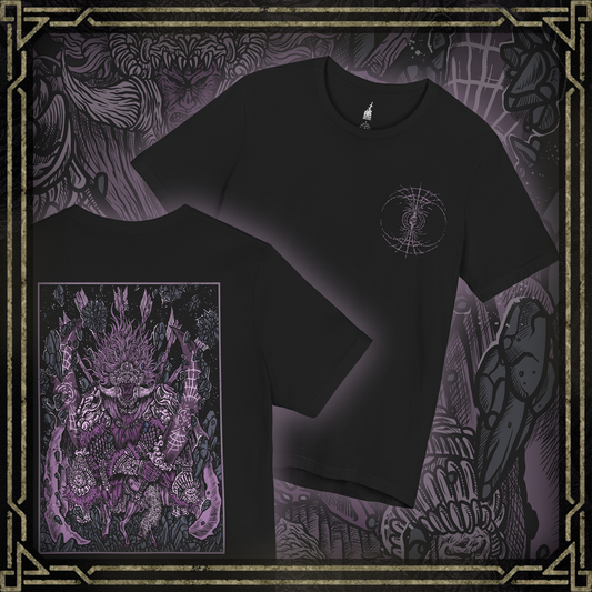 Thumbnail of a T-shirt featuring Starscourge Radahn from Elden Ring, the towering demigod general who commands gravitational magic and rides his tiny steed, Leonard. Wielding twin greatswords and clad in scarred red armor, Radahn defies cosmic forces and madness alike. This design captures his legendary strength and tragic descent beneath the blood-red sky of Caelid.