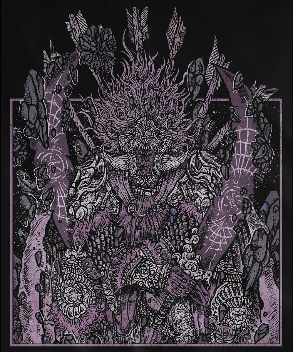 Design used for a T-shirt featuring Starscourge Radahn from Elden Ring in a grim design, showcasing his towering presence, gravity-defying power, and tragic backstory, perfect for fans who revere his status as one of the most formidable and iconic bosses in the Lands Between.