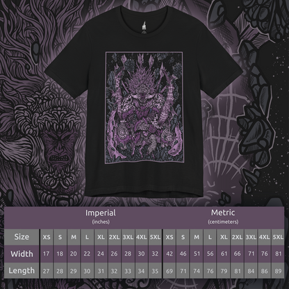 Size chart of a T-shirt featuring Starscourge Radahn from Elden Ring in a grim design, showcasing his towering presence, gravity-defying power, and tragic backstory, perfect for fans who revere his status as one of the most formidable and iconic bosses in the Lands Between.