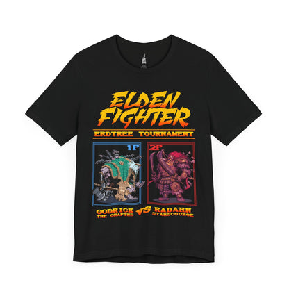 Image number 3 of a Black T-shirt featuring a Street Fighter-inspired design of Radahn vs. Godrick from Elden Ring, capturing the epic clash between two powerful bosses in retro, pixelated style, perfect for fans who love both the intense battles and nostalgic gaming vibes of the Lands Between.