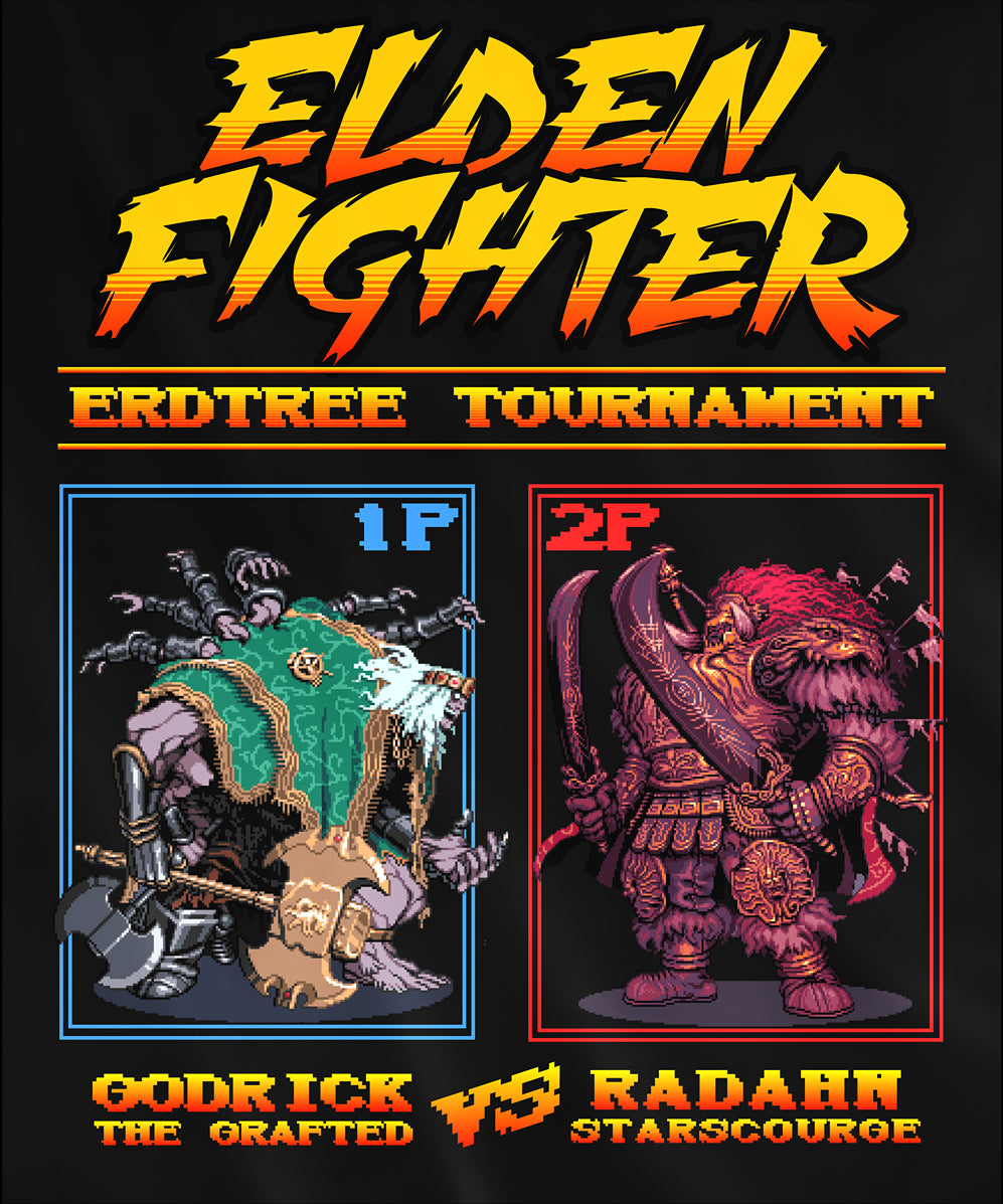 Design used for a T-shirt featuring a Street Fighter-inspired design of Radahn vs. Godrick from Elden Ring, capturing the epic clash between two powerful bosses in retro, pixelated style, perfect for fans who love both the intense battles and nostalgic gaming vibes of the Lands Between.