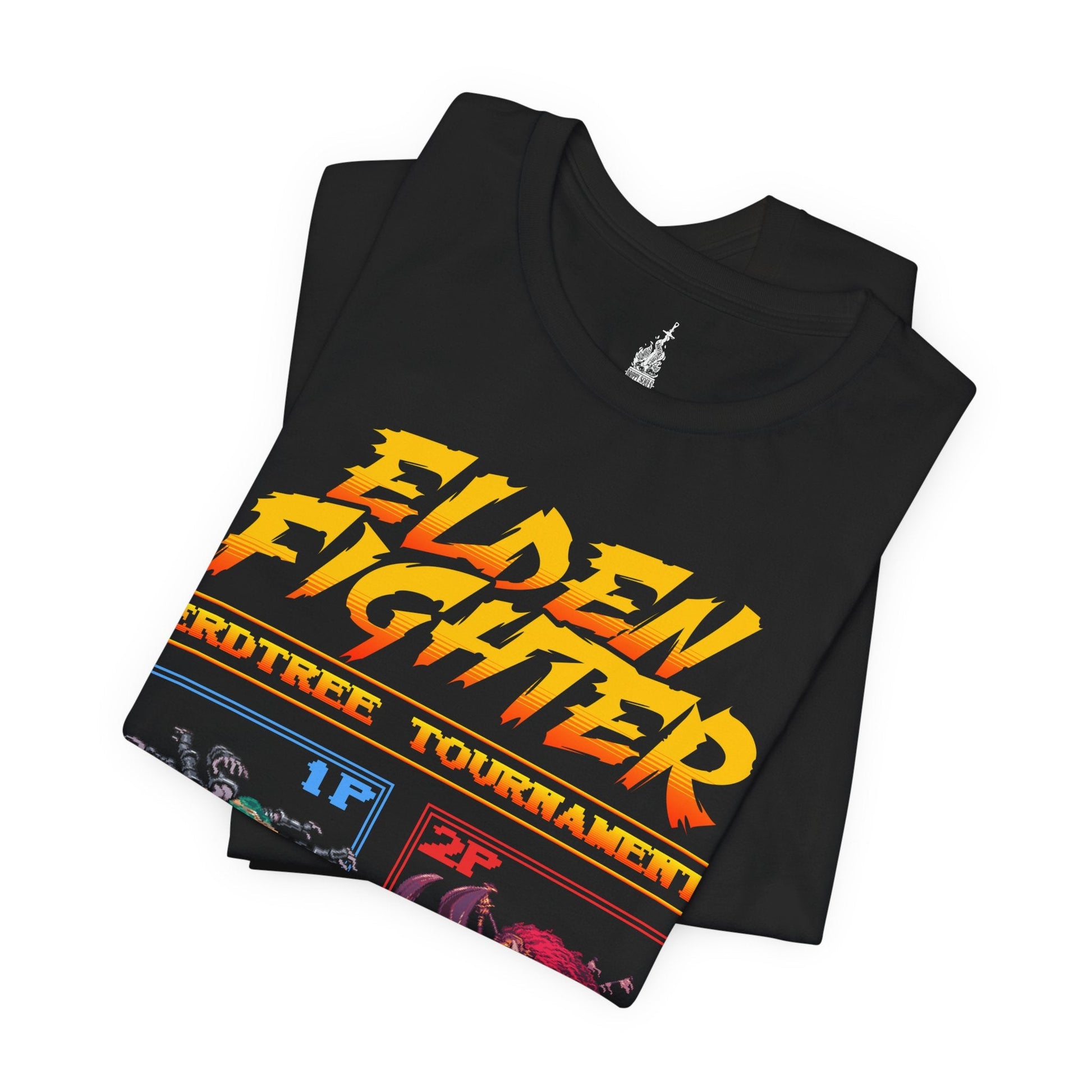 Folded T-shirt featuring a Street Fighter-inspired design of Radahn vs. Godrick from Elden Ring, capturing the epic clash between two powerful bosses in retro, pixelated style, perfect for fans who love both the intense battles and nostalgic gaming vibes of the Lands Between.