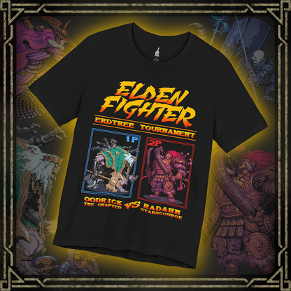 Thumbnail of a T-shirt featuring a Street Fighter-inspired design of Radahn vs. Godrick from Elden Ring, capturing the epic clash between two powerful bosses in retro, pixelated style, perfect for fans who love both the intense battles and nostalgic gaming vibes of the Lands Between.