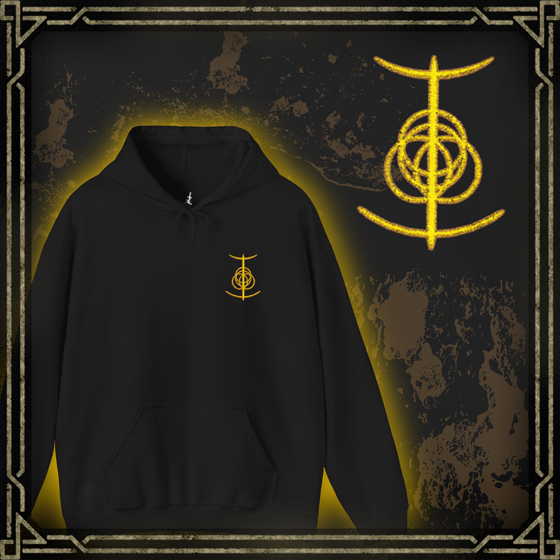 Thumbnail of a Embroidered hooded sweatshirt featuring the Elden Ring symbol, the fractured golden rune that represents the divine order and foundation of the Lands Between. Intricately shaped and partially broken, the symbol reflects the shattered state of the Erdtree’s grace and the struggle for restoration. This design honors the mysterious, sacred geometry behind the game’s mythic core.