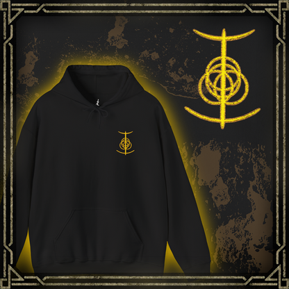 Thumbnail of a Embroidered hooded sweatshirt featuring the Elden Ring symbol, the fractured golden rune that represents the divine order and foundation of the Lands Between. Intricately shaped and partially broken, the symbol reflects the shattered state of the Erdtree’s grace and the struggle for restoration. This design honors the mysterious, sacred geometry behind the game’s mythic core.