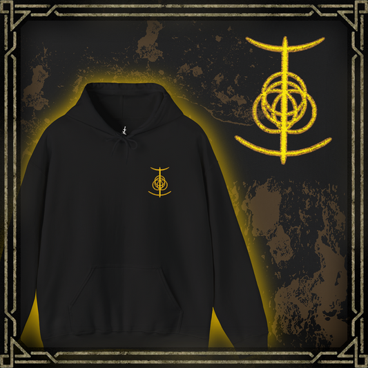 Thumbnail of a Embroidered hooded sweatshirt featuring the Elden Ring symbol, the fractured golden rune that represents the divine order and foundation of the Lands Between. Intricately shaped and partially broken, the symbol reflects the shattered state of the Erdtree’s grace and the struggle for restoration. This design honors the mysterious, sacred geometry behind the game’s mythic core.