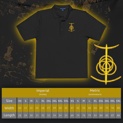 Size chart of a Embroidered T-shirt showcasing the Elden Ring seal, the radiant emblem central to the lore of Elden Ring. Once whole, now broken, the symbol embodies the Golden Order’s collapse and the Tarnished’s quest to mend it. With ornate circular runes and divine craftsmanship, this design echoes the game’s themes of ruin, rebirth, and cosmic destiny.