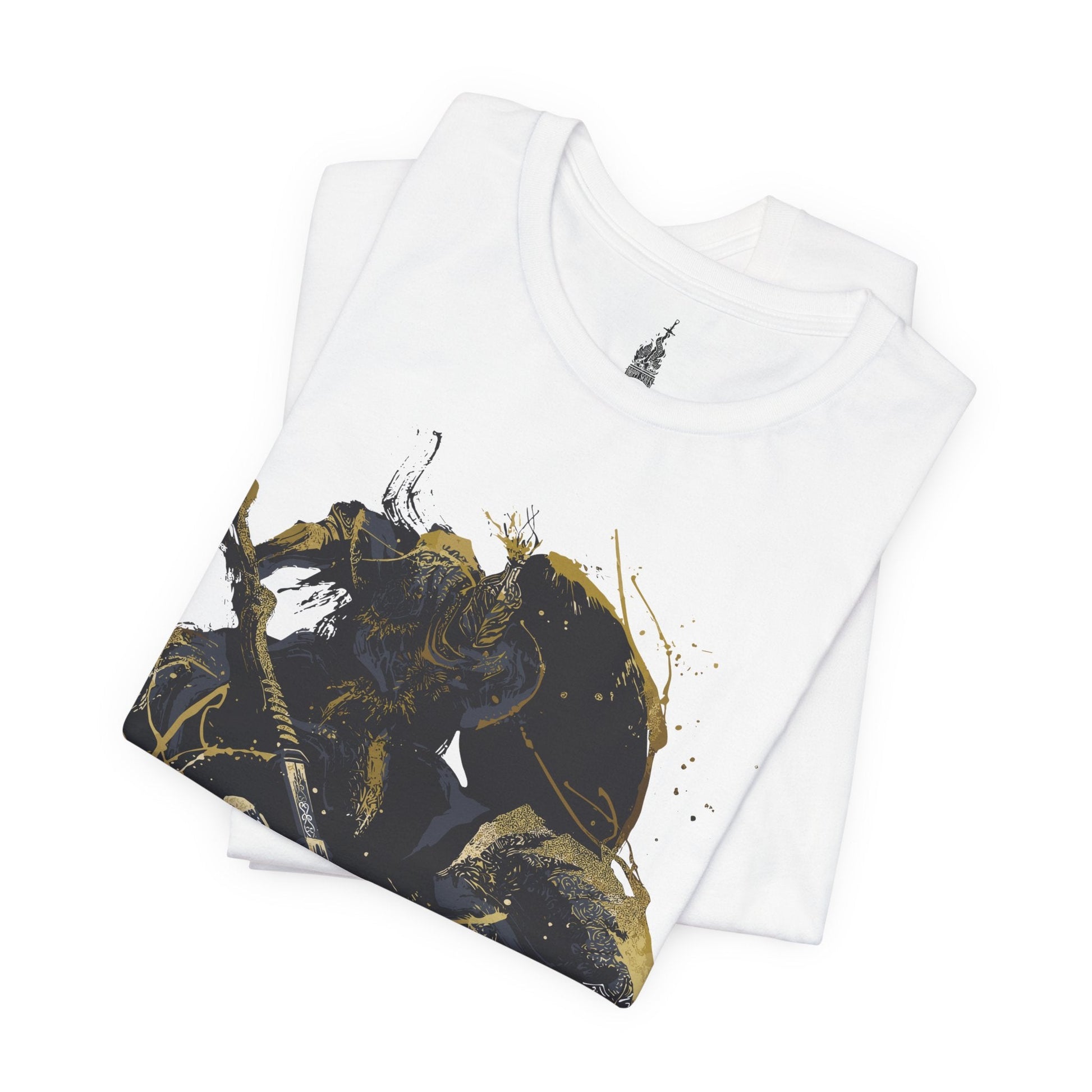 Folded T-shirt featuring the Tree Sentinel from Elden Ring with the 'Git Gud' meme text, showcasing the imposing figure of the sentinel in a humorous, motivational design, ideal for Tarnished who embrace a challenge on their quest to become Elden Lord.