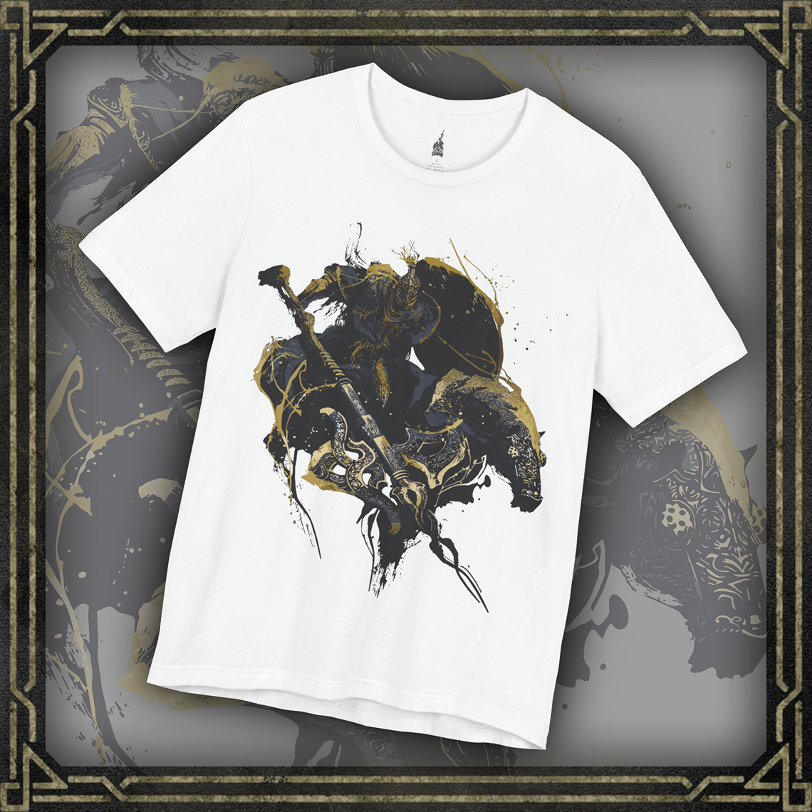 Thumbnail of a T-shirt featuring the Tree Sentinel from Elden Ring with the 'Git Gud' meme text, showcasing the imposing figure of the sentinel in a humorous, motivational design, ideal for Tarnished who embrace a challenge on their quest to become Elden Lord.