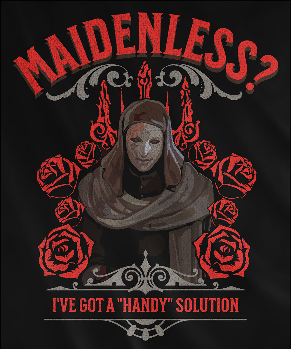 Design used for a T-shirt featuring White Mask Varre from Elden Ring with the 'Maidenless' meme design, showcasing Varre's distinctive mask and a humorous text, ideal for Tarnished who appreciate a comedic twist on their epic journey to becoming Elden Lord.