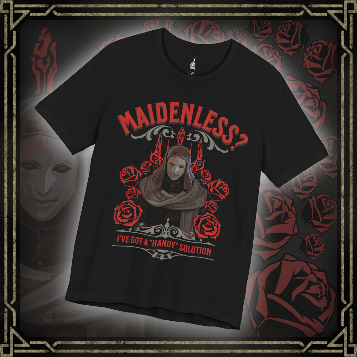 Thumbnail of a T-shirt featuring White Mask Varre from Elden Ring with the 'Maidenless' meme design, showcasing Varre's distinctive mask and a humorous text, ideal for Tarnished who appreciate a comedic twist on their epic journey to becoming Elden Lord.