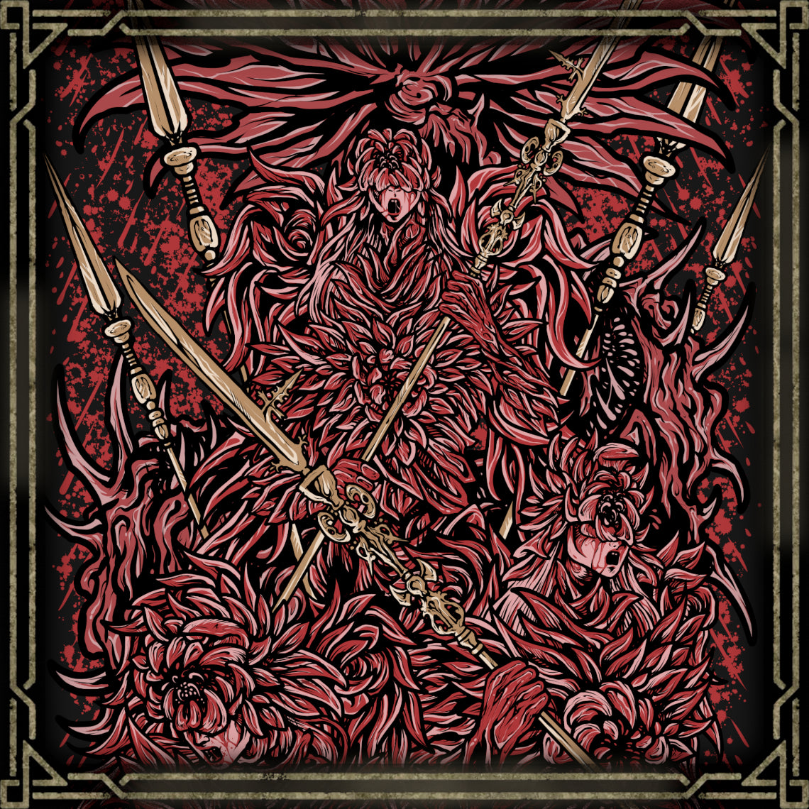 Concept Art of Everdark Balancers. The Everdark Balancers transform the once-pale Salvation's Standard-Bearers into blood-covered horrors. Their white floral armor becomes stained crimson as their movements grow more frantic and aggressive. The final stage of the encounter reveals a gigantic worm-like creature covered with the corpses of the Balancers, turning the battlefield into a grotesque manifestation of the Everdark's power.