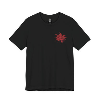 Image 4 of a T-Shirt artwork depicting the Everdark Balancers during their transformed battle in Elden Ring Nightreign, with blood-covered Standard-Bearers surrounding a massive worm-like creature emerging from the corrupted battlefield. Crimson energy and shattered ground frame the monstrous form while the warriors wield their sacred weapons. The composition highlights the disturbing transformation and brutal nature of the Everdark expedition.