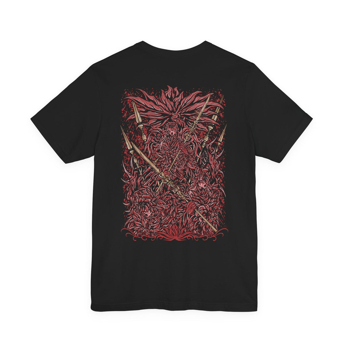 Image 5 of a T-Shirt artwork depicting the Everdark Balancers during their transformed battle in Elden Ring Nightreign, with blood-covered Standard-Bearers surrounding a massive worm-like creature emerging from the corrupted battlefield. Crimson energy and shattered ground frame the monstrous form while the warriors wield their sacred weapons. The composition highlights the disturbing transformation and brutal nature of the Everdark expedition.