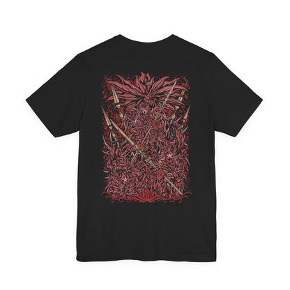 Image 5 of a T-Shirt artwork depicting the Everdark Balancers during their transformed battle in Elden Ring Nightreign, with blood-covered Standard-Bearers surrounding a massive worm-like creature emerging from the corrupted battlefield. Crimson energy and shattered ground frame the monstrous form while the warriors wield their sacred weapons. The composition highlights the disturbing transformation and brutal nature of the Everdark expedition.