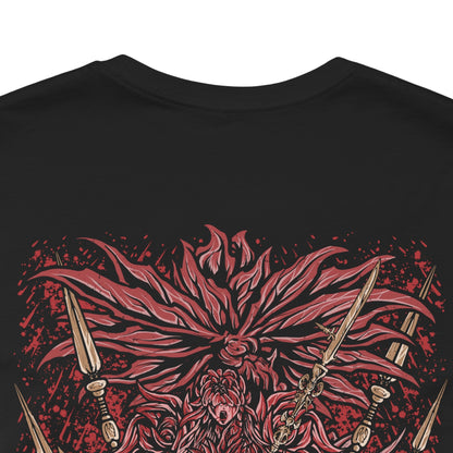 Image 7 of a T-Shirt artwork depicting the Everdark Balancers during their transformed battle in Elden Ring Nightreign, with blood-covered Standard-Bearers surrounding a massive worm-like creature emerging from the corrupted battlefield. Crimson energy and shattered ground frame the monstrous form while the warriors wield their sacred weapons. The composition highlights the disturbing transformation and brutal nature of the Everdark expedition.