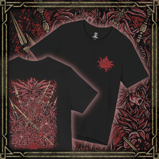 Thumbnail of a T-Shirt artwork depicting the Everdark Balancers during their transformed battle in Elden Ring Nightreign, with blood-covered Standard-Bearers surrounding a massive worm-like creature emerging from the corrupted battlefield. Crimson energy and shattered ground frame the monstrous form while the warriors wield their sacred weapons. The composition highlights the disturbing transformation and brutal nature of the Everdark expedition.