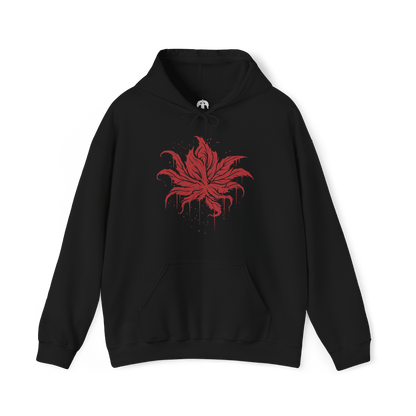 Image 4 of a Hooded Sweatshirt of the Everdark Balancers from Elden Ring Nightreign, showing the crimson-stained Salvation's Standard-Bearers gathered around their enormous worm-like final form. Blood covers the battlefield while pale floral armor, heroic weapons, and twisted wing-like shapes emerge from the darkness. The dramatic composition emphasizes the grotesque transformation, Everdark corruption, and terrifying scale of the Nightlord encounter.