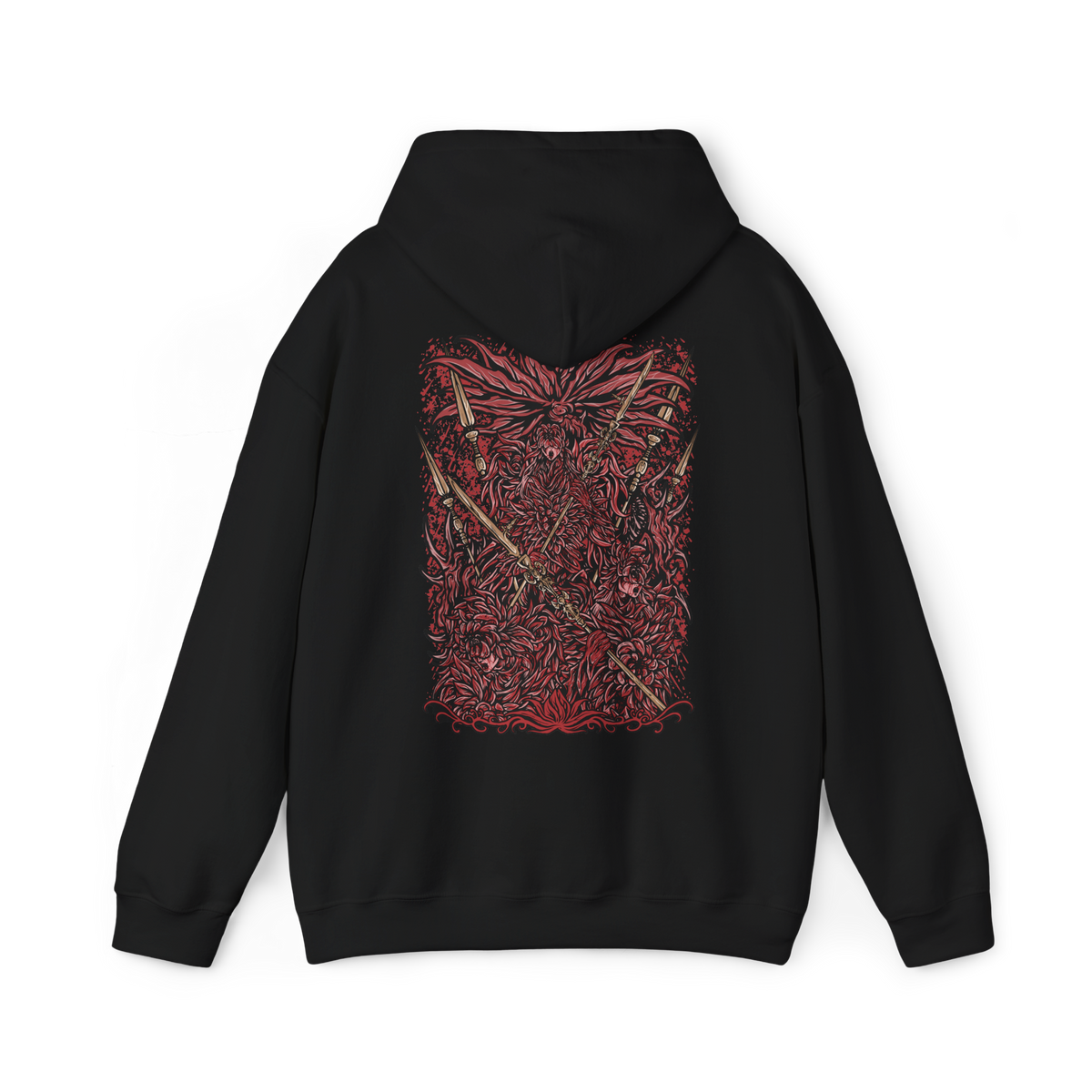 Image 5 of a Hooded Sweatshirt of the Everdark Balancers from Elden Ring Nightreign, showing the crimson-stained Salvation's Standard-Bearers gathered around their enormous worm-like final form. Blood covers the battlefield while pale floral armor, heroic weapons, and twisted wing-like shapes emerge from the darkness. The dramatic composition emphasizes the grotesque transformation, Everdark corruption, and terrifying scale of the Nightlord encounter.