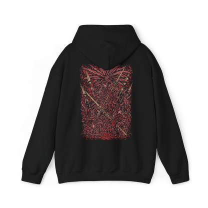 Image 5 of a Hooded Sweatshirt of the Everdark Balancers from Elden Ring Nightreign, showing the crimson-stained Salvation's Standard-Bearers gathered around their enormous worm-like final form. Blood covers the battlefield while pale floral armor, heroic weapons, and twisted wing-like shapes emerge from the darkness. The dramatic composition emphasizes the grotesque transformation, Everdark corruption, and terrifying scale of the Nightlord encounter.