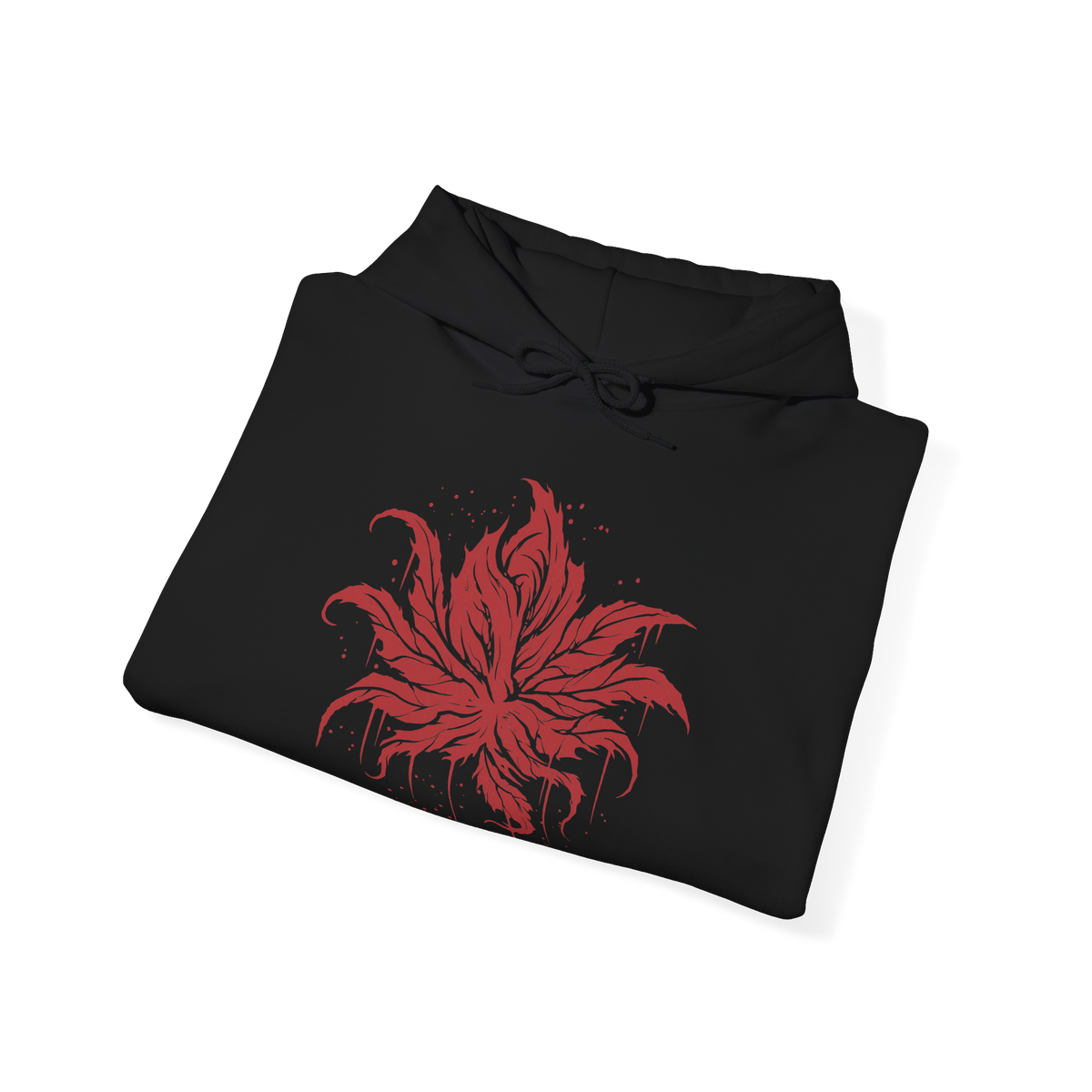 Image 6 of a Hooded Sweatshirt of the Everdark Balancers from Elden Ring Nightreign, showing the crimson-stained Salvation's Standard-Bearers gathered around their enormous worm-like final form. Blood covers the battlefield while pale floral armor, heroic weapons, and twisted wing-like shapes emerge from the darkness. The dramatic composition emphasizes the grotesque transformation, Everdark corruption, and terrifying scale of the Nightlord encounter.