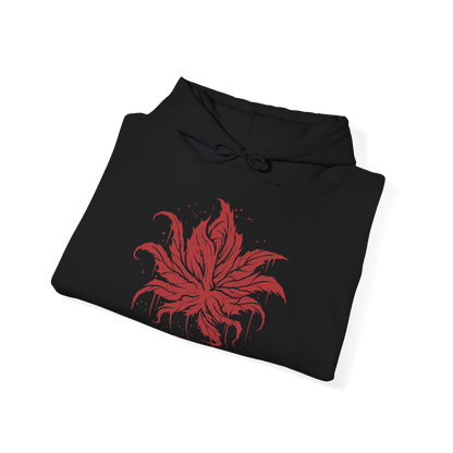 Image 6 of a Hooded Sweatshirt of the Everdark Balancers from Elden Ring Nightreign, showing the crimson-stained Salvation's Standard-Bearers gathered around their enormous worm-like final form. Blood covers the battlefield while pale floral armor, heroic weapons, and twisted wing-like shapes emerge from the darkness. The dramatic composition emphasizes the grotesque transformation, Everdark corruption, and terrifying scale of the Nightlord encounter.