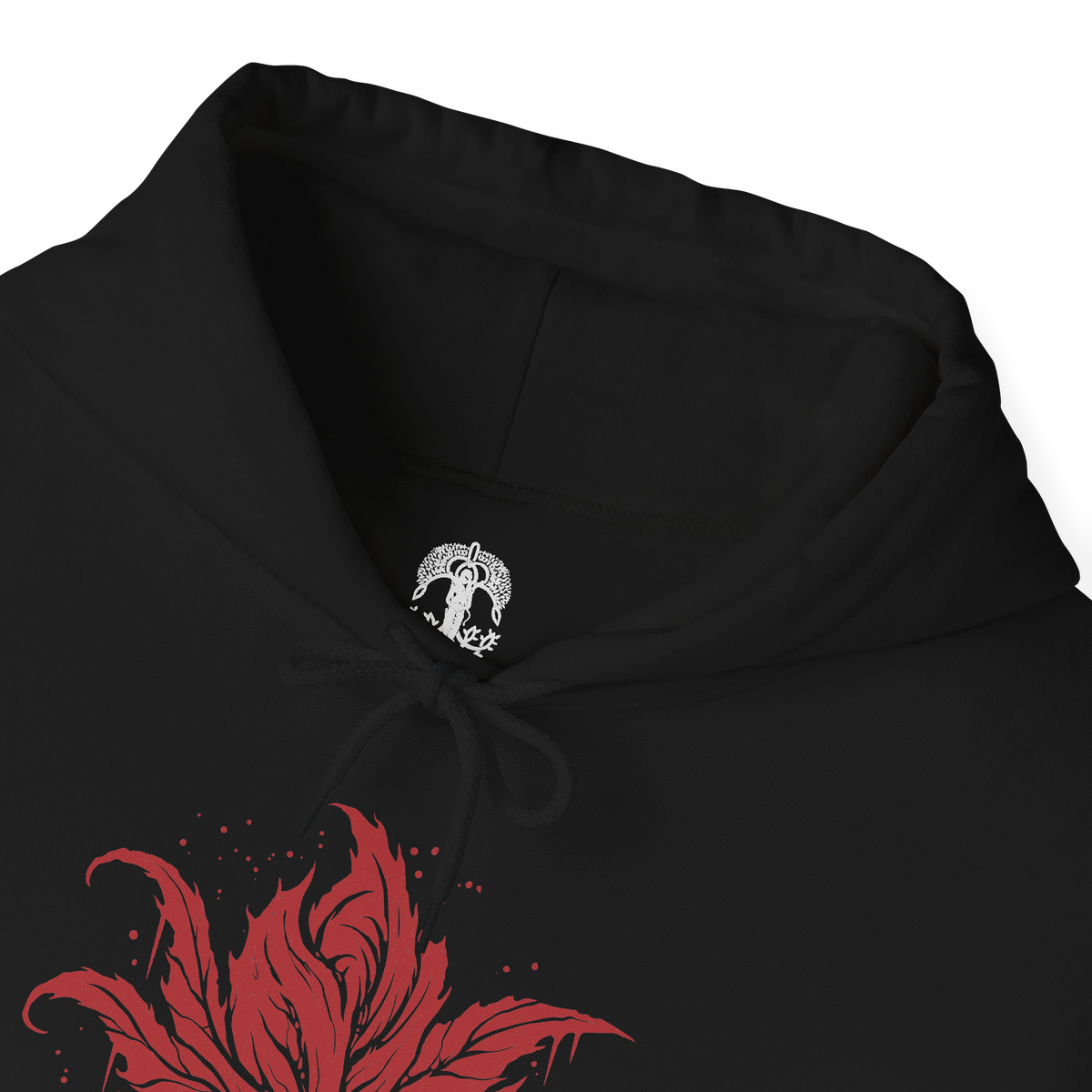 Folded Hooded Sweatshirt of the Everdark Balancers from Elden Ring Nightreign, showing the crimson-stained Salvation's Standard-Bearers gathered around their enormous worm-like final form. Blood covers the battlefield while pale floral armor, heroic weapons, and twisted wing-like shapes emerge from the darkness. The dramatic composition emphasizes the grotesque transformation, Everdark corruption, and terrifying scale of the Nightlord encounter.