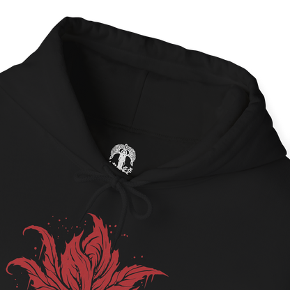 Folded Hooded Sweatshirt of the Everdark Balancers from Elden Ring Nightreign, showing the crimson-stained Salvation's Standard-Bearers gathered around their enormous worm-like final form. Blood covers the battlefield while pale floral armor, heroic weapons, and twisted wing-like shapes emerge from the darkness. The dramatic composition emphasizes the grotesque transformation, Everdark corruption, and terrifying scale of the Nightlord encounter.
