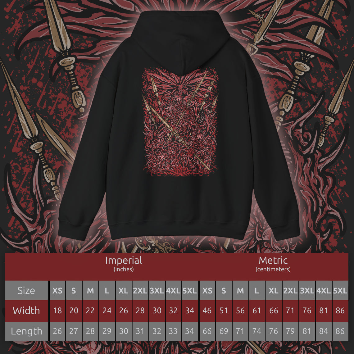 Size chart of a Hooded Sweatshirt of the Everdark Balancers from Elden Ring Nightreign, showing the crimson-stained Salvation's Standard-Bearers gathered around their enormous worm-like final form. Blood covers the battlefield while pale floral armor, heroic weapons, and twisted wing-like shapes emerge from the darkness. The dramatic composition emphasizes the grotesque transformation, Everdark corruption, and terrifying scale of the Nightlord encounter.